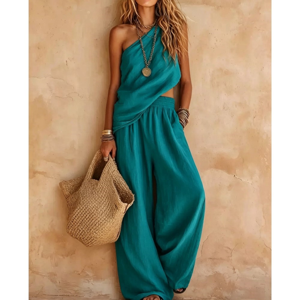 Linen Pant Wide - Seksowny top bez ramiączek z odkrytymi