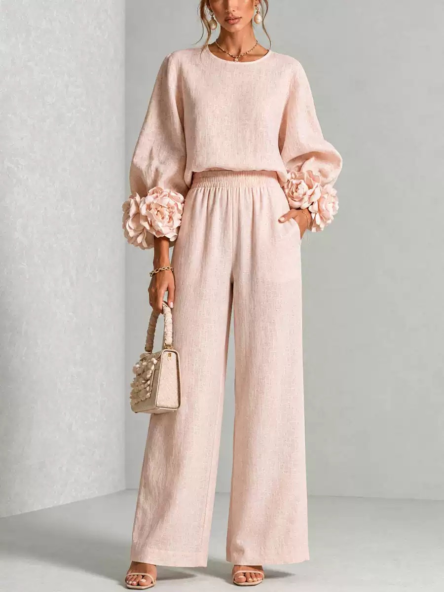 Linen Pant Wide - Damski lniany dwuczęściowy zestaw z bluzką