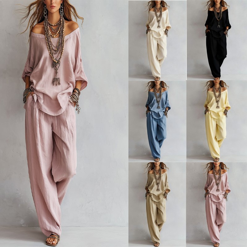 Linen Pant Wide - Damski dwuczęściowy komplet: bluzka z rękawem