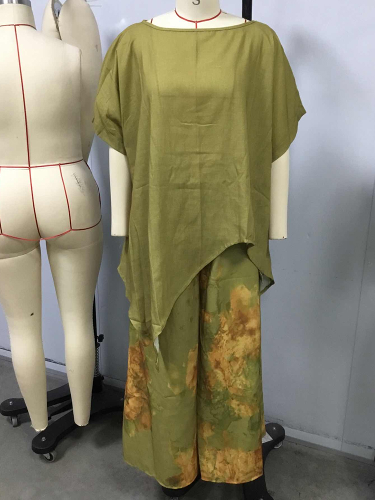 Linen Pant Wide - Damski lniany dwuczęściowy zestaw: top z