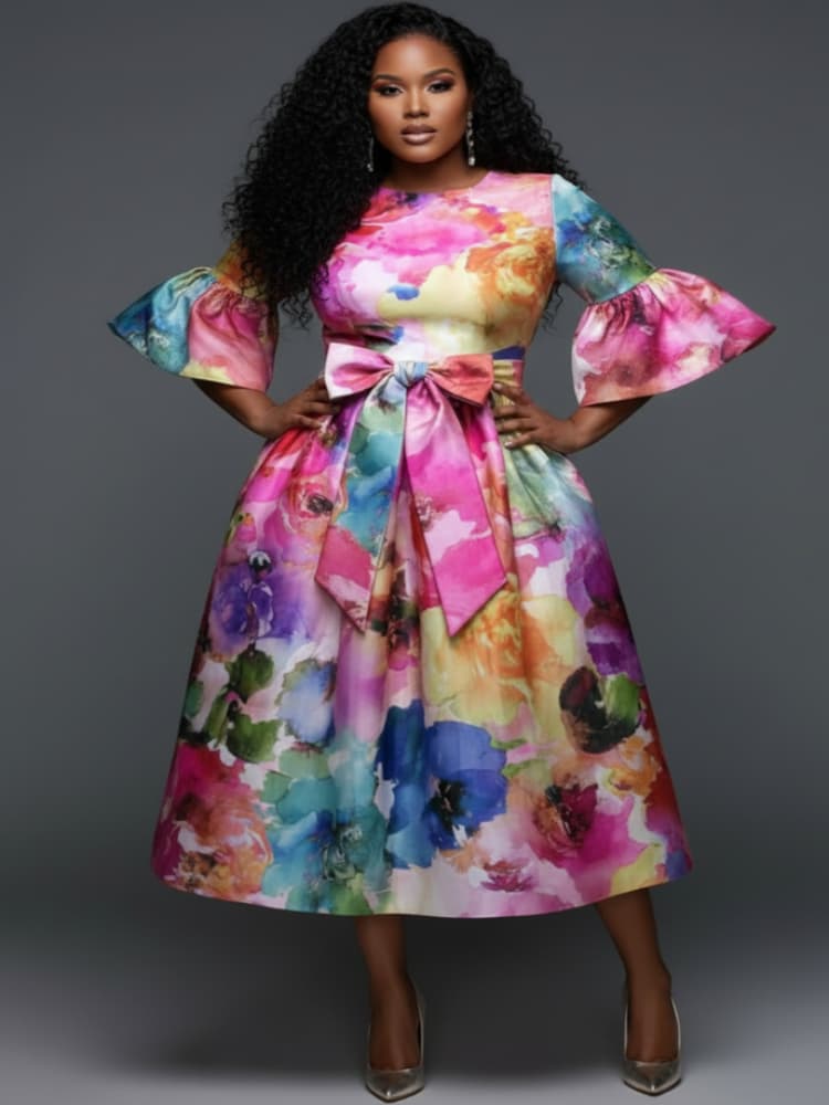 Midi Skirt Floral - Sukienka midi plus size z okrągłym