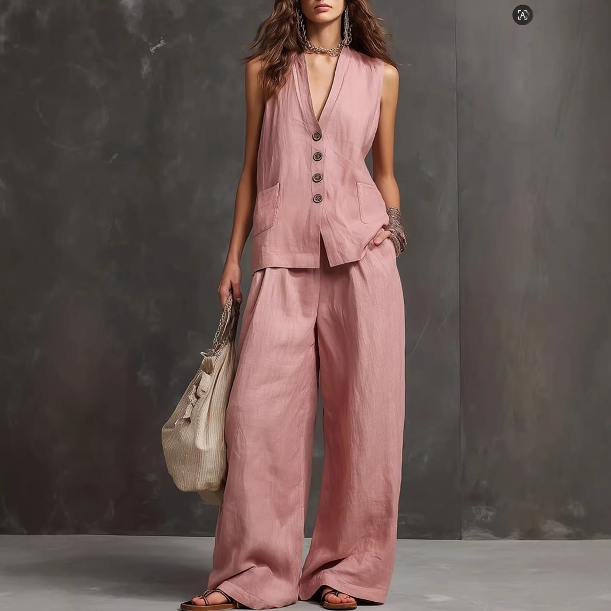 Linen Pant Wide - Letni damski komplet w stylu lazy