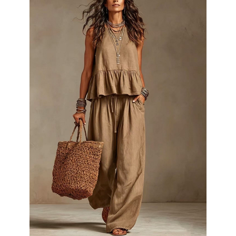 Linen Pant Wide - Damski letni komplet z bawełny i